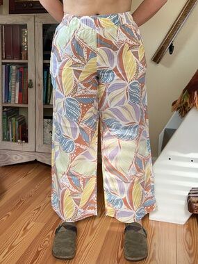 100% Linen Pastel Leaf Print Wide Leg Pants High Rise Cropped Cottagecore Small